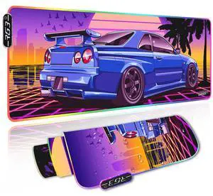 AllstarGarage RGB Gaming Mouse Pad Extended, Large Led Mousepads Non-Slip Rubber Base with 19 Lighting Modes, Computer Keyboard Mat Soft Desk pad Waterproof 32 x 12 inches, Skyline GTR r34 Design
