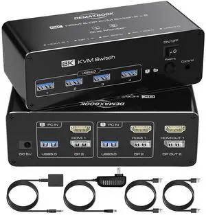 DEMEXBOOK Dual Monitor HDMI Displayport KVM Switch 2 Monitors 2 Computers 8K@60Hz/4K@144Hz,2 Computers Share 2 Monitors,USB 3.0 Ports,Extended/Copy Mode Support,2 USB Cables,Remote Control Included