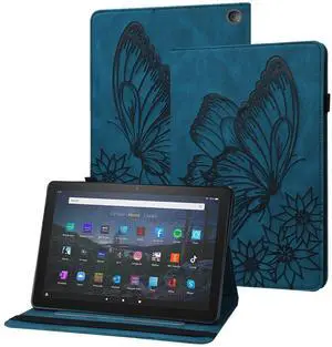 UUcovers for Amazon 10.1" Kindle Fire HD 10 Case (Only Compatible with 11th Generation, 2021) & Fire HD 10 Plus with Pencil Holder/Card Pocket/Folio Stand/PU Leather Cover, Blue Butterfly Flower