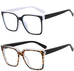 Bsreyeop Oversized Blue Light Blocker Glasses for Women Men Fashion Square Eyewear Computer Eyeglasses Non-Prescription (2 Park/White+Leopard D10)