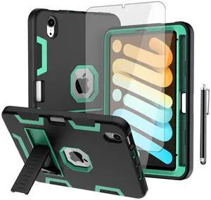 AICase iPad Mini 6 (2021) with Screen Protector, Kickstand Shockproof Heavy Duty Resistant Rugged Hybrid Three Layer Full Body Protection Case with Stylus (Black/Light Green)