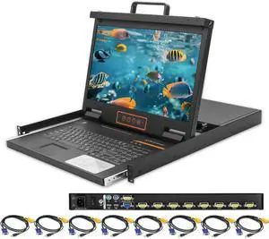 8 Port Rack Mount KVM Console 18.5-Inch Full HD, Standard 1U VGA KVM Switch + Keyboard Touchpad, 16:9 Aspect Ratio 1920 x 1080, OSD/Hotkey/Button Switching,Fits 19" Rack, 8 VGA USB KVM Cables Included