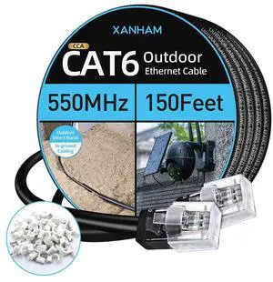 XANHAM Cat6 Outdoor Ethernet Cable 150 Feet Waterproof and UV Resistant Direct Burial Jacket CCA Copper Clad Cat 6 UTP Network Cable for Internet and Camera, CCTV