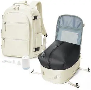 VGCUB Small Vacuum Backpack Wravel with Electric Pump vacpack System Storage Compression Laptop Work Business Waterproof College Bags Casual Daypack Carry on Backpacks for Women Men Beige Upgrade