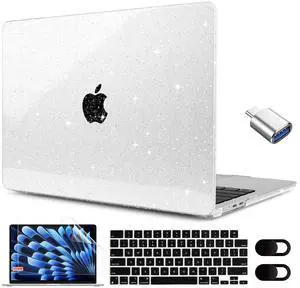 MEEgoodo Glitter Case for M4/M3/M2 MacBook Air 15 inch Case 2025 2024 2023, Fit Model (A3241/A3114/A2941), Laptop Shell with Keyboard &Camera Cover&OTG Adapter& Screen Protector, Glitter Transparent