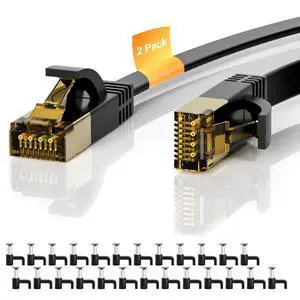 Cat 7 Ethernet Cable 2-Pack 20 FT, Cat7 Flat High Speed 10Gbps 600MHz Shielded Internet Network Patch Black Cord, Ultra Slim RJ45 LAN Cable, for PS5, Modem, Router, LAN, Computer with 25 Cable Clips