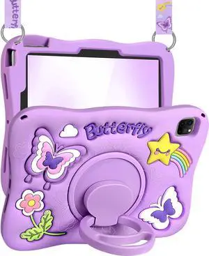 Kidcube for iPad Air 11 Inch Case M3 2025/M2 2024, Pro 11'' 4th/3rd/2nd/1st, Air 5th/4th Generation Case - Girls Cute Kawaii Girly 3D Purple Butterfly Design with Rotating Stand & Strap Silicone Cover