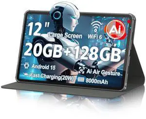 Tablet, Android 15 Tablet, 20GB RAM 128GB ROM 1TB Expansion, A733 8-Core Processor, 12 inch Large Touch Screen 2K Display, 5MP+13MP Camera, WiFi6, 8000mAh Battery, Support 20W Fast Charge, Metal Grey