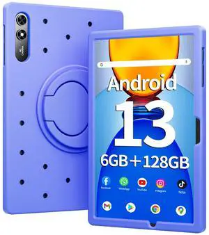 Naclud 10.51 Inch Tablet, 6GB RAM 128GB ROM Android 13 Tablet with Decorative Perforated Case, Octa-Core 2.0Ghz Processor, 1920*1200 FHD Screen, 5MP+13MP Camera, 6200mAh, GPS, WiFi, Bluetooth (Blue)