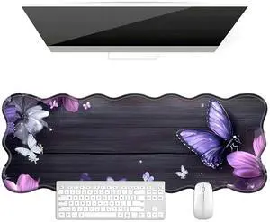 BFDHGQZC Purple and Pink Flowers On Wooden Desk Mat Large Mouse Pad 31.5"x11.8" Desk Rubber Base Mousepad with Stitched Edges Big Desk Pad for Work,Game,Office,Home