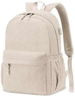 CLOKARS School Backpack for Teens Girls Boys, Large Corduroy College Bookbag Lightweight Backpack Purse for Women Fit for 15.6 Inch Laptop (Beige)