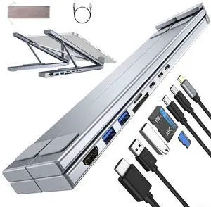 8-in-1 USB C Laptop Docking Station Stand, Laptop Tablet Stand Adjustable, SD/TF Card Slots Fast Charging, Multiport Adapter Computer Cooling Stand, Cooling Riser Office Workstation Hub