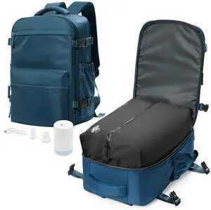 Vacuum Travel Backpack with Pump for Women,Personal Item Carry on Backpacks Flight Approved 18x14x8 inches for Men,Laptop Waterproof Work Compression bags Casual Daypack Blue.