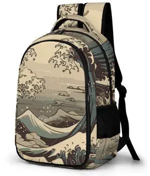 JOJOART Cool Japanese Wave Laptop Backpack Vintage Travel Bags Daypack Durable Work Camping Hiking Back Packs for Women Men