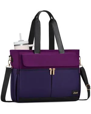 LOVEVOOK Upgrade Version Work Bags for Women 15.6 Inch Laptop Bag Large Capacity Mutiple Pockets Teacher Bag Water Resistant Canvas Tote Bag Purse for Office Travel Nurse Teacher, Dark Purple-Black