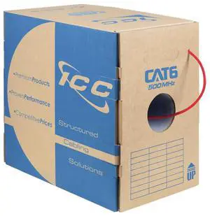 ICC Cat6 CMR Riser 1000ft - UTP 23AWG, 100% Solid Pure Copper, Unshielded, Bulk Ethernet Cable, PoE++, 500MHz, Reelex Pull Box, UL Certified, RoHS, TAA and NEC Compliant, Red ICC Cat6 CMR Riser 1000ft - UTP 23AWG, 100% Solid Pure Copper, Unshielded, Bulk Ethernet Cable, PoE++, 500MHz, Reelex Pull Box, UL Certified, RoHS, TAA and NEC Compliant, Red