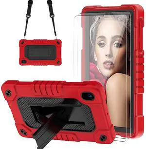 FIEWESEY for Walmart Onn 7 inch Gen 4 2024 Model Tablet Case with 2 Pcs Screen Protector,Heavy Duty Kids Shockproof Stand Shoulder Strap Case for Walmart Onn 7 2024 Model:100135924 (Red/Black)