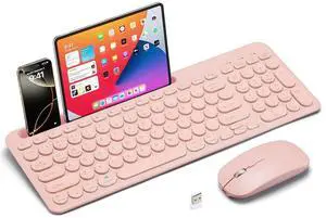 Wireless Keyboard and Mouse Combo with Phone Tablet Holder, Rechargeable Dual-Mode (Bluetooth 5.0 and 3.0 +2.4G) Multi-Device Silent Mouse for Windows, iPad, Tablet, MacOS,iOS,Android (Pink)