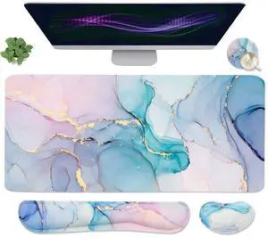Large Mouse Pad Desk Dad, 4-in-1 Keyboard Wrist Rest Pad & Wrist Support Mouse pad Set, Extended Desk Pad Waterproof Desk Mat for Home Office Study Game-Blue Marble