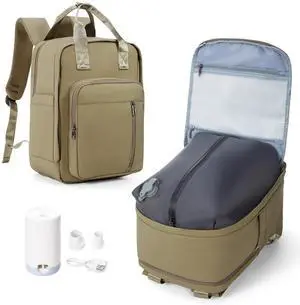 hapfoxx Vacuum Travel Backpack with Pump,Personal Item Carry on Backpacks Flight Approved 18x14x8 inches Women,Laptop Waterproof Work Compression bags hiking Casual Daypack Grey Brown