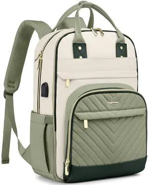 Laptop Backpack for Women Work Bag - 15.6 inch Travel Backpack with USB Charger College Bookbag Waterproof Business Computer Backpack Anti-theft Casual Backpacks for Nurse Teacher Beige Light Green