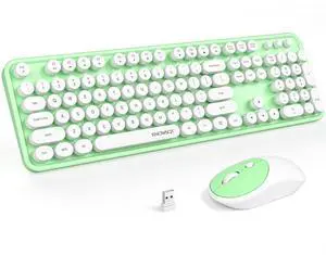 KNOWSQT Wireless Keyboard and Mouse Combo - White-Green Full-Sized 2.4 GHz 104 Keys Typewriter Cute Keyboard, Round Keycap and Optical Mouse for Windows, Computer, PC, Laptop, Desktop