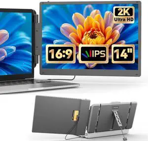 Cenerius 2K Ultra-Clear Laptop Screen Extender, 14" IPS Portable Monitor, 2160 x 1440 QHD Dual Laptop Monitor Extender with HDMI/USB-A/Type-C Fits 13-17" Laptops(Mac/Wins/Android/Switch/PS5)