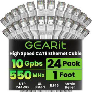 GEARit Cat 6 Ethernet Cable (24-Pack 1 Foot) Cat6 Network Patch, 10Gbps, RJ45, Snagless Cord, Gold-Plated Connectors, Internet for PC, TV, Tablet, Router, Printer, Servers, IT Data Center - White GEARit Cat 6 Ethernet Cable (24-Pack 1 Foot) Cat6 Network Patch, 10Gbps, RJ45, Snagless Cord, Gold-Plated Connectors, Internet for PC, TV, Tablet, Router, Printer, Servers, IT Data Center - White