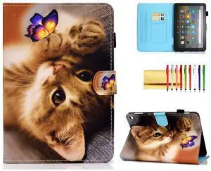 Case for Amazon Fire HD 8" Tablet 12th/10th Generation (2022/2020), Techcircle Stand Folio Leather Magnetic Cover with Card Slots & Pen Holder, Auto Sleep/Wake, Butterfly Cat