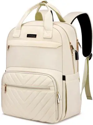 Liokesa Lunch Backpack for Women, Water Resistant Insulated Cooler Lunch Bag, 15.6 inch Laptop Backpacks with USB Port, Picnic Backpack with Lunch Box, for College Work Camping Beaches, Beige