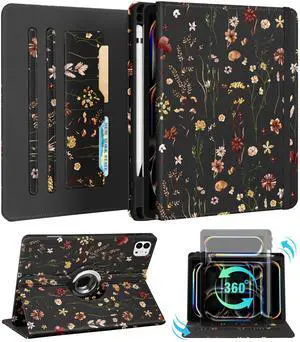 Kidcube for iPad Pro 11 Inch Case M4 2024 5th Generation - Women Girls Cute Rotating Stand Folio Cover with Pencil Holder & Card Slot Girly Flowers Floral Design for iPad Pro 11'' Case 2024 M4 5th Gen