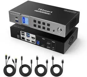 TESmart USB-C MST&EDID KVM Switch 3 Monitors 2 Computers HDMI+DisplayPort, 4K@60Hz KVM Switch Triple Monitor Dock for Laptop&Desktop, USB 3.0, Charging for Laptop, 1G Ethernet, Hotkey Switch