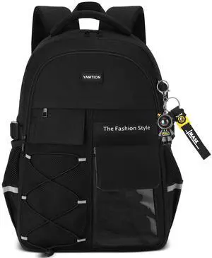 YAMTION Backpack for School Teens Boys and Girls,Black Backpack for Men and Women,College Bookbag with USB Charging Port,Travel Laptop Back Pack for Middle and High School Work