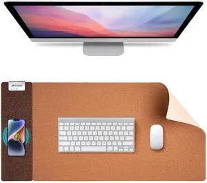 3-in-1 Eco Cork Wireless Charging Mouse Pad, Dual-Sided Fast Charge Mouse Mat, Extra Large Waterproof Office & Makeup Desk Protector, Qi-Certified Desk Pad for iPhone/Samsung/AirPods