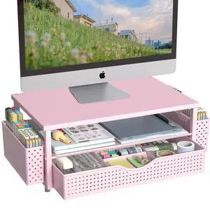 Desk Organizer and Accessories, Computer Monitor Stand Riser with Drawer and 2 Pen Holders, Office Desk Accessories & Workspace Organizers for Office Supplies (Pink)