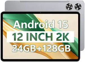 12 Inch Tablet, Android 15 Tablet 12 Inch Large Screen 2K Display, Octa-Core, 24GB RAM 128GB Storage 1TB Expandable, 13MP Dual Camera, 8000mAh, GPS, Dual Speakers, Face Unlock