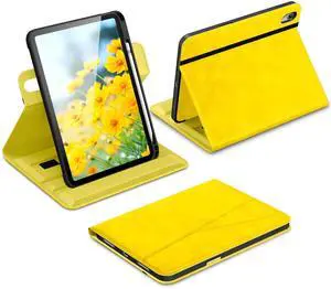 DTTO for iPad A16 Case, iPad 11th / 10th Generation Case (2025/2022), 360 Degree Rotating Premium Leather Folio Stand Cover with Pencil Holder, Yellow