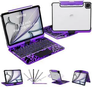 Uminy iPad Keyboard Case for 10.2 inch 9/8/7th Gen, Magic Wireless Keyboard with Trackpad 7 Color Backlit, 360° Rotating Stand Transparent Protective Cover with Pencil Holder (Purple)