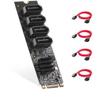 M.2 to SATA Card 4 Port, 6Gbps SATA 3.0 Binardat Controller, Includes 4 Cables, for Windows 10/11