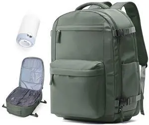 Vacuum Travel Backpack with Pump for Women, Personal Item Carry on Backpacks Flight Approved 18x14x8 inches for Men,Laptop Waterproof Work Compression bags Casual Daypack. Green.