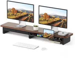 AFOOYO Large Dual Monitor Stand For Desk,43 Inch Desktop Computer Riser with Metal Drawer Desk Shelf Organizer For Computer/Laptop/PC/Printer/TV