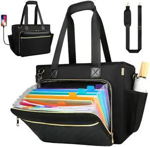 Partreko Teacher Tote Bag with Colourful Accordion File Organizer Pocket, USB Port& 15.6 Inch Laptop Compartment, Large Work Bag with Insulated Pocket for School Teacher Essential Nurse Women (Black)