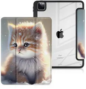 Batianda Case for iPad Pro 11-inch 2022 4th M2 Chip /2021 (3rd Generation) / iPad Pro 11" 2nd 2020 [Built-in Pencil Holder] Shockproof Cover with Clear Transparent Back Shell TPU Bumper, Cute Kitten