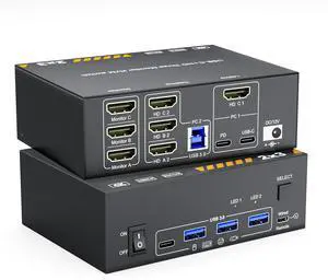 KVM Switch 3 Monitors 1 Laptop & 1 Desktop, Reyoten 4K HDMI USB Switch,3 Monitors for Laptop with 3 USB 3.0 Ports, 4K Hub for 2 PCs to Share Monitor, Keyboard, Mouse & Printer