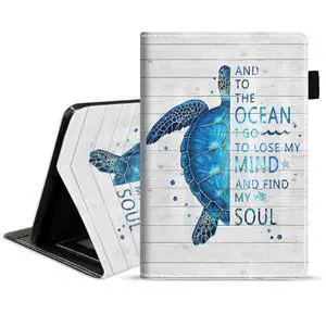 BXIKEOPIU Case for Kindle Fire HD 10/Fire HD 10 Plus Tablet (11th Gen, 2021 Released) - Funny Words with Blue Sea Turtle on Rustic Wooden Board Design Slim PU Leather Cover with Auto Sleep Wake