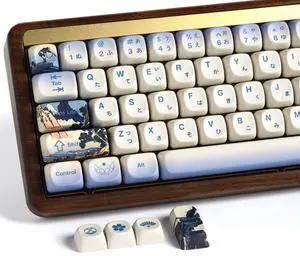 OHY XVX MOA Profile Japanese Fuji Mountain Theme Keycaps Set, 132 - Key Blue & Creamy White Custom Keycaps for US Layout Mechanical Keyboards -Blue and White