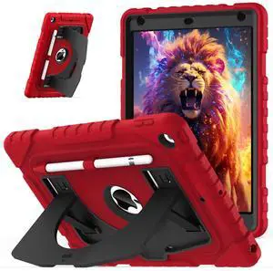 OKP Kids Case for iPad 9th/ 8th/ 7th Generation 10.2 Inch (2021/2020/2019), Heavy Duty Rugged 9 8 7 th Gen iPad Protective Cover with Built-in Kickstand, Pencil Holder for Kids Girls Boys, Red+Black