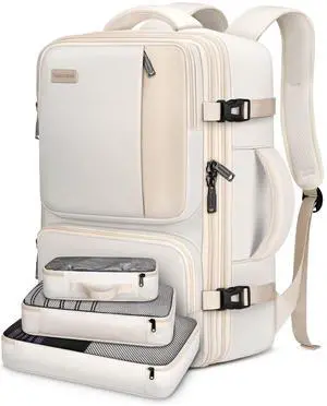 Vancropak Carry on Backpack, 47L Expandable Extra Large Travel Backpack with 3 Packing Cubes, Flight Approved Water Resistant Luggage Suitcase Weekend Duffle Bag Overnight Daypack for Women Men, Beige
