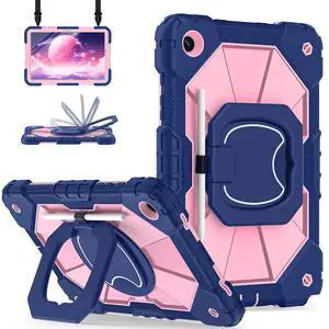 Scnioy for Galaxy Tab A9 Plus Case 11 Inch, Rugged Case for Samsung Galaxy A9+ Tablet with Screen Protector 360 Rotating Stand Shoulder Strap Pen Holder, 2023 Model(SM-X210/X216/218), Navy Rose