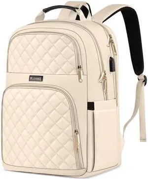 Kuosdaz Backpacks for Women, School Backpack for Teen Girls, 15.6 Inch Cute Quilted Laptop Backpack with USB Charging, Large Bookbag for Middle School College Students,Beige